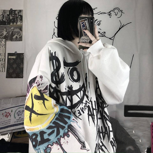 Oversized Gothic Cartoon Hip Hop Hoodie – Where Streetwear Meets Playfully Dark Vibes