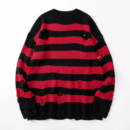 Black Stripe Ripped Knitted Sweater