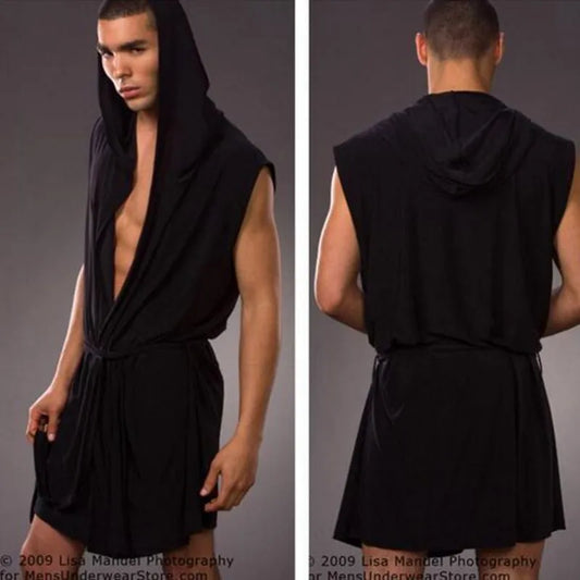 Men's robes comfortable casual bathrobes sleeveless Viscose Hooded Ice