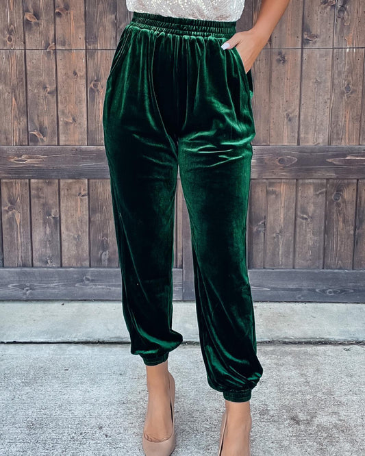 Velvet Elastic Waist Straight Leg Pants – Casual Trousers