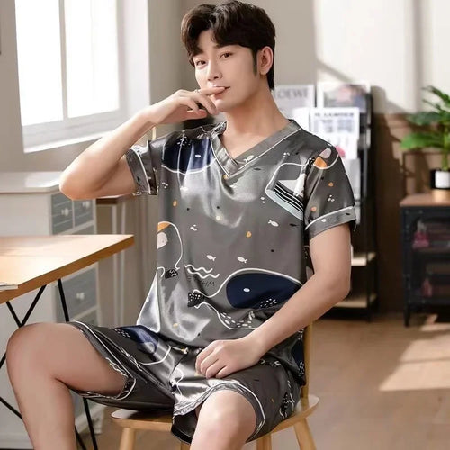 Summer Men's Pajamas Silk Pullover Shorts Two Piece Set