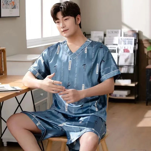 Summer Men's Pajamas Silk Pullover Shorts Two Piece Set