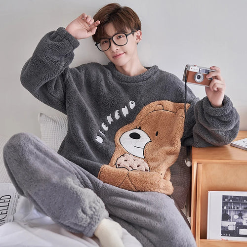 FUNISHI Coral Fleece Pajama Set for Men