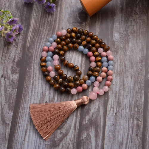 8mm Yellow Tiger Eye Rose Quartz Aquamarine Beads 108 Mala Necklace