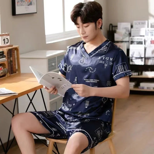 Summer Men's Pajamas Silk Pullover Shorts Two Piece Set