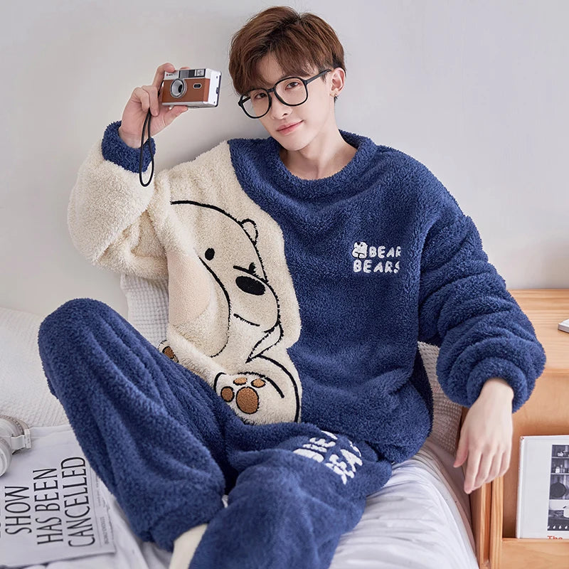 FUNISHI Coral Fleece Pajama Set for Men