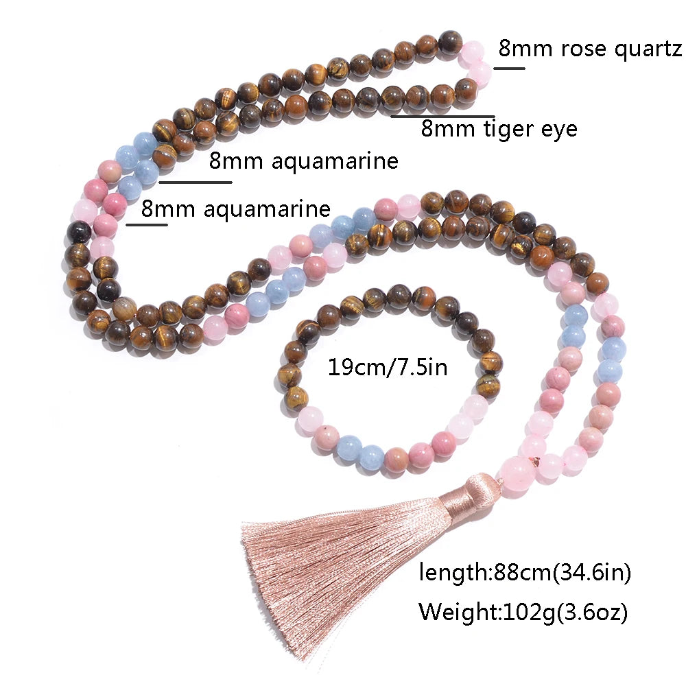 8mm Yellow Tiger Eye Rose Quartz Aquamarine Beads 108 Mala Necklace