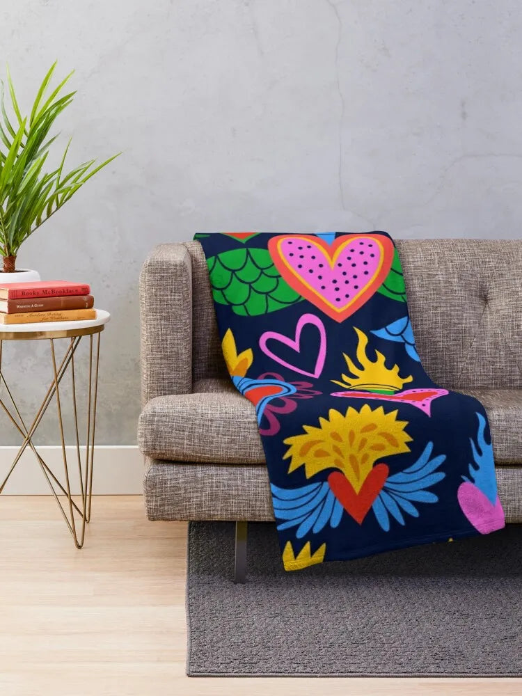 Sacred Hearts Mexican Folk Art Throw Blanket