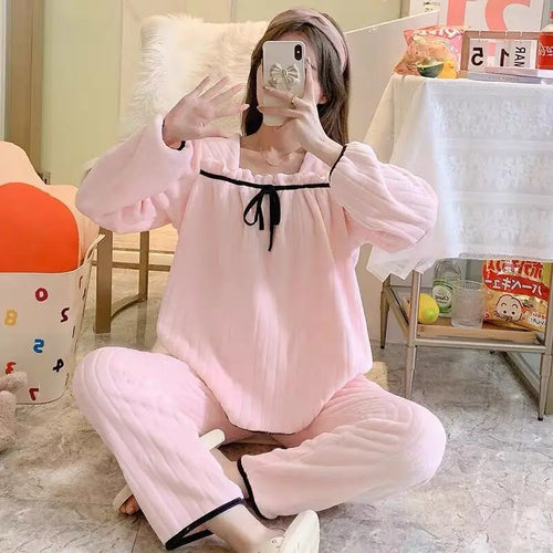 Square Collar Women Winter Pajamas Set