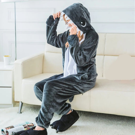Grey Shark Kigurumi Onesie Pajamas – Make a Splash in Cozy Style!