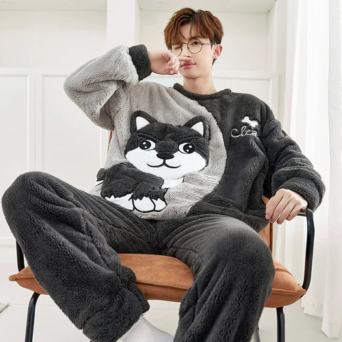 FUNISHI Coral Fleece Pajama Set for Men