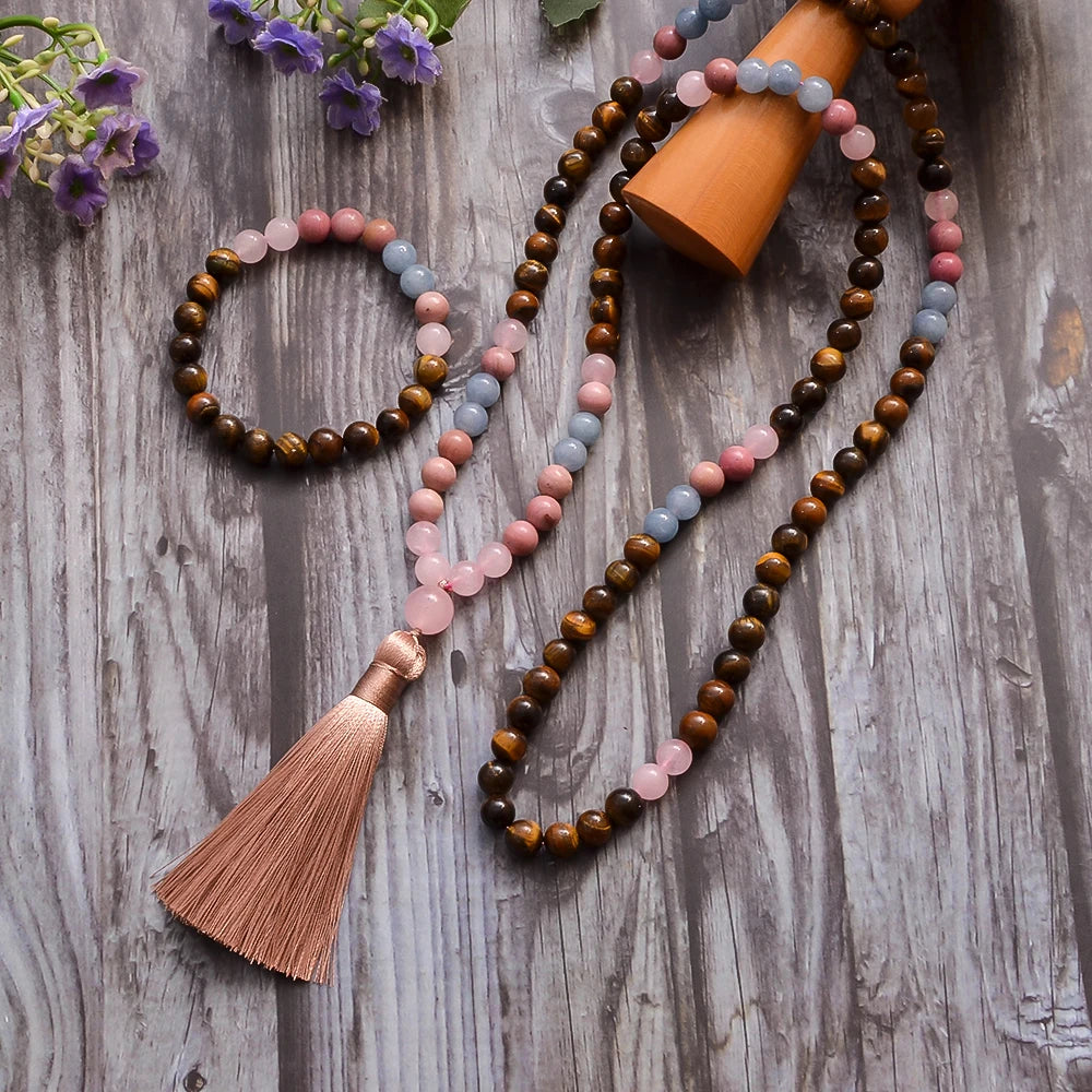 8mm Yellow Tiger Eye Rose Quartz Aquamarine Beads 108 Mala Necklace