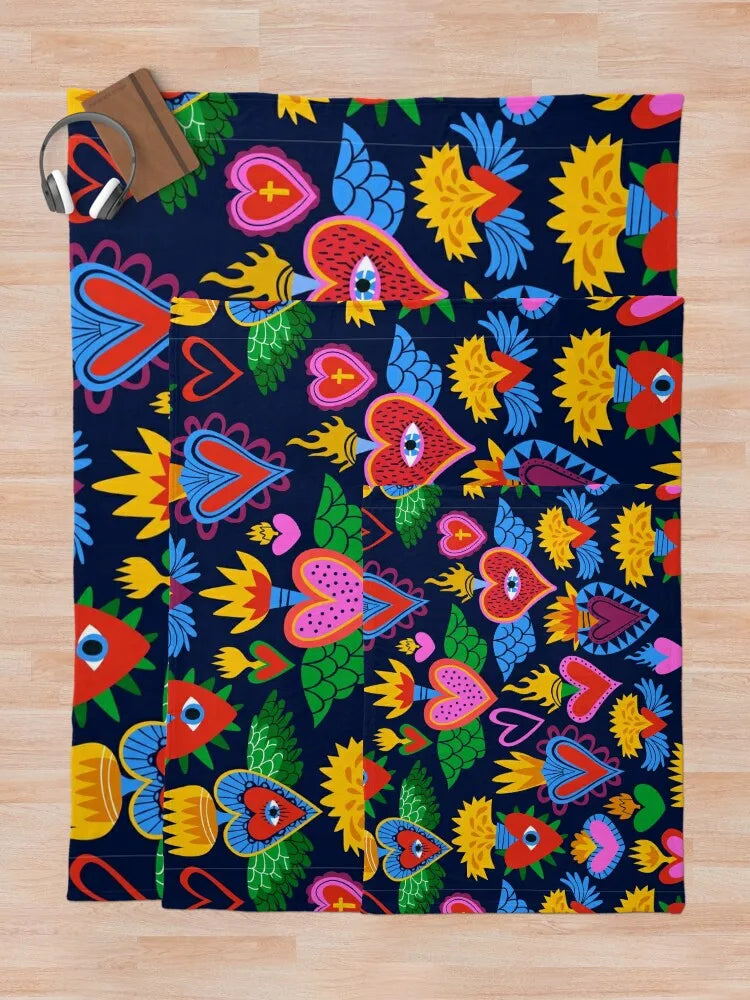 Sacred Hearts Mexican Folk Art Throw Blanket