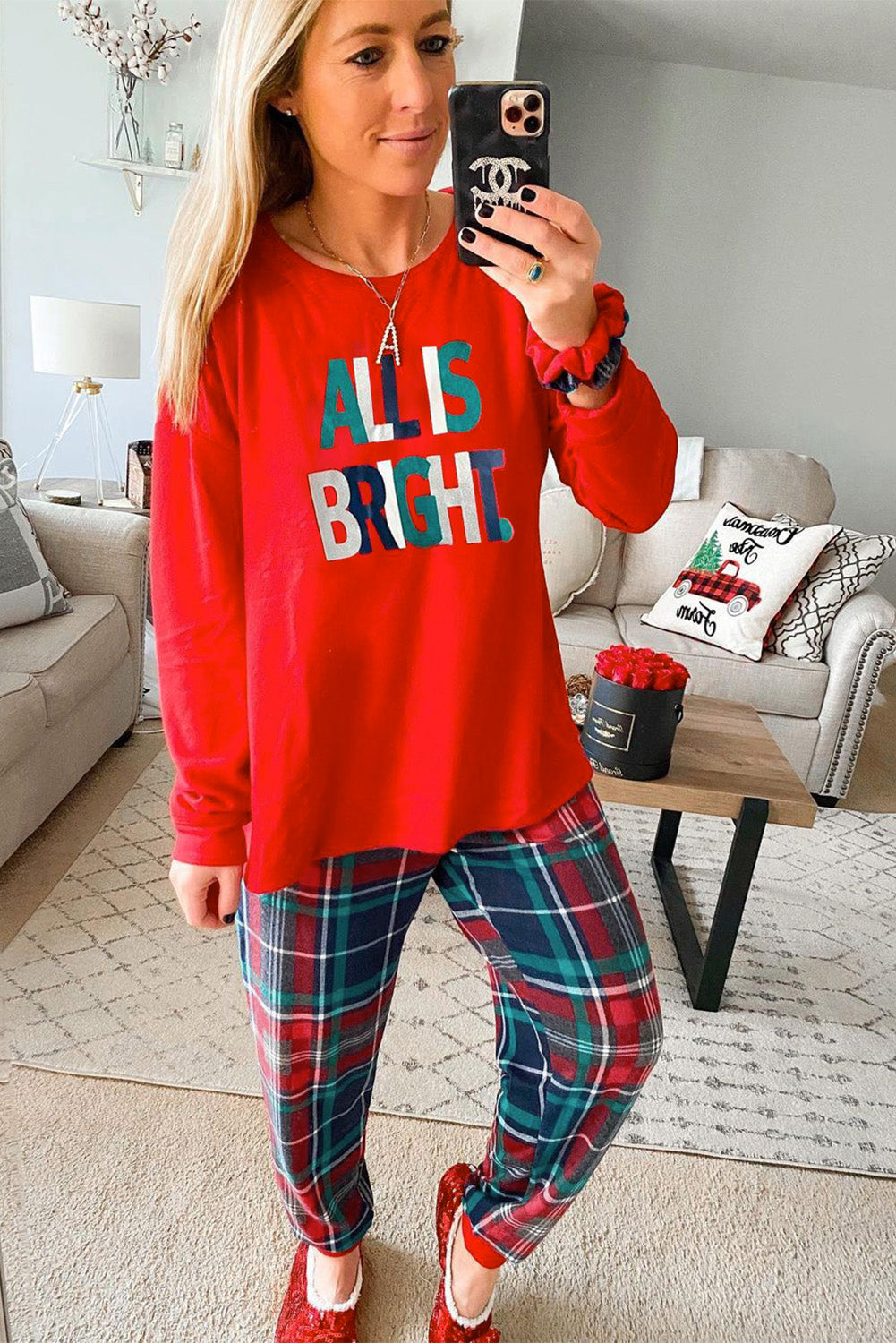 ALL IS BRIGHT Plaid Christmas Pajamas Set