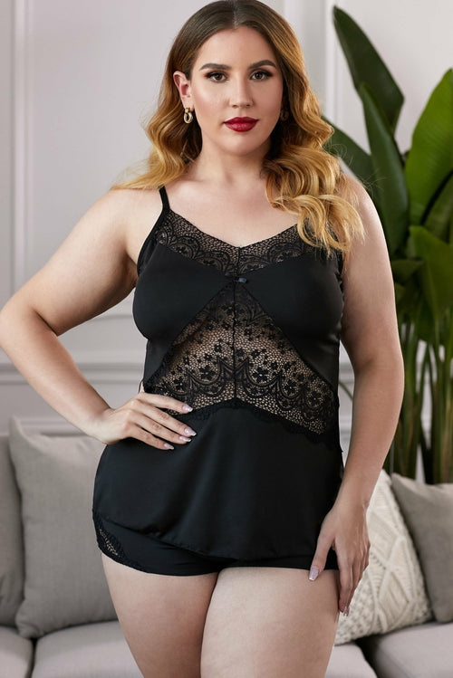 Spaghetti Straps Lace Insert Plus Size Pajama Set