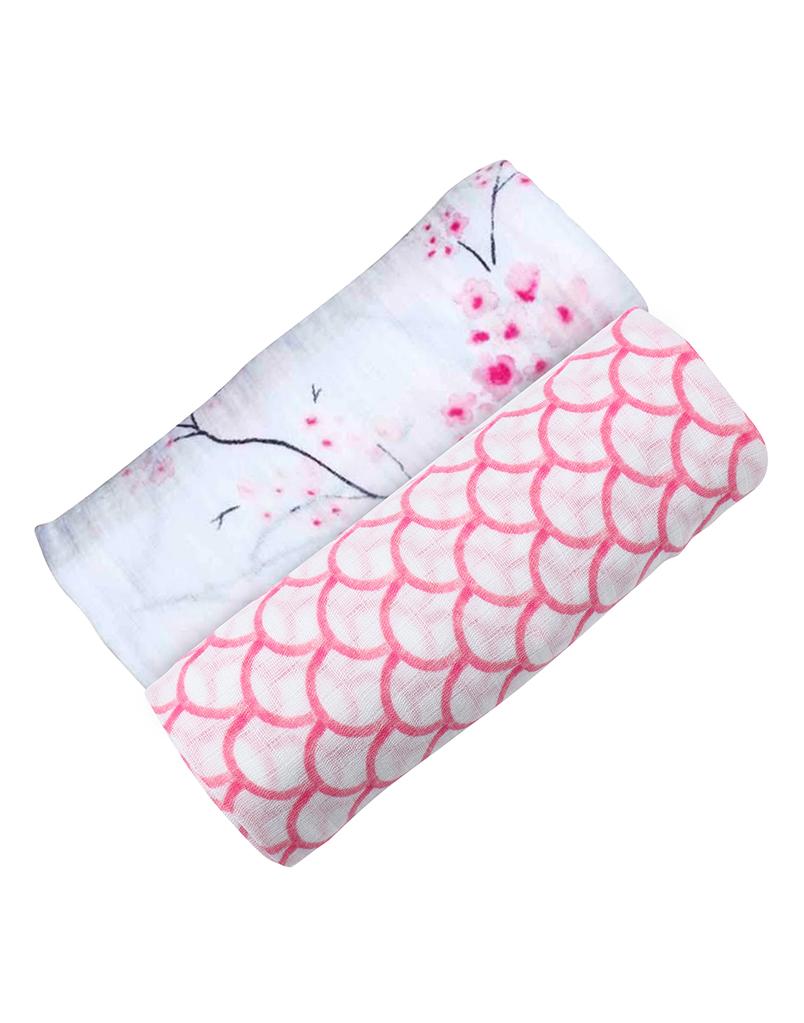 Organic Swaddle Set - Sakura (Cherry Blossom + Pink Stripe) | Soft Cotton Baby Swaddles