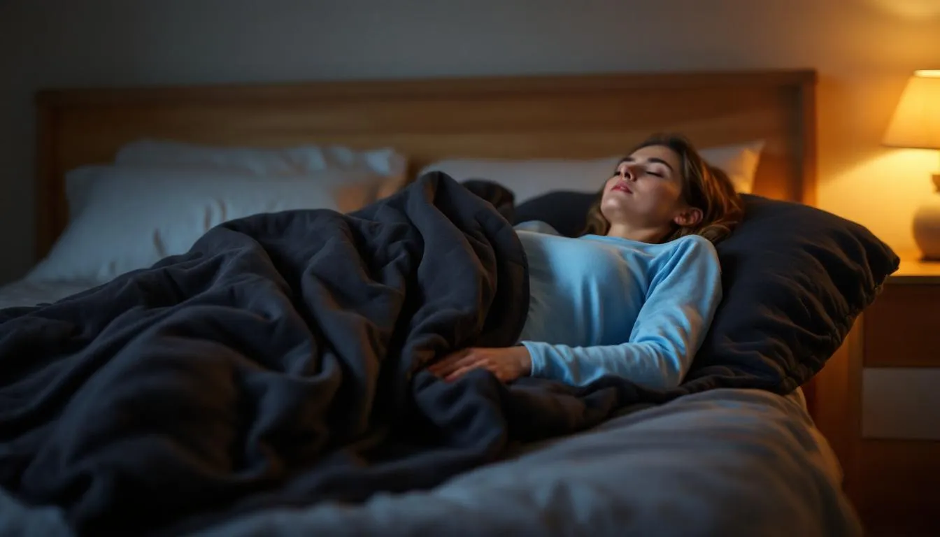 grey weighted blanket on bed