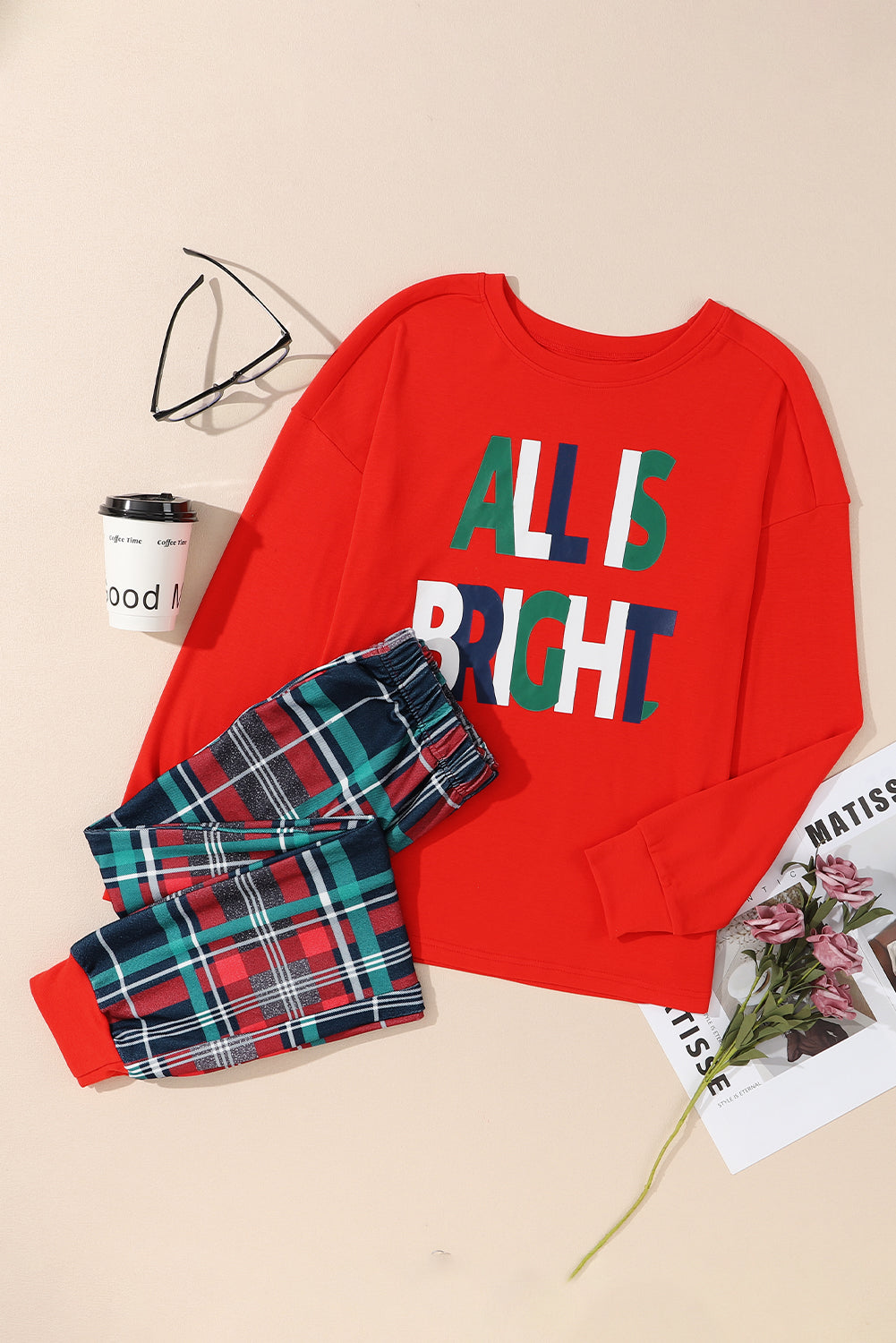 ALL IS BRIGHT Plaid Christmas Pajamas Set