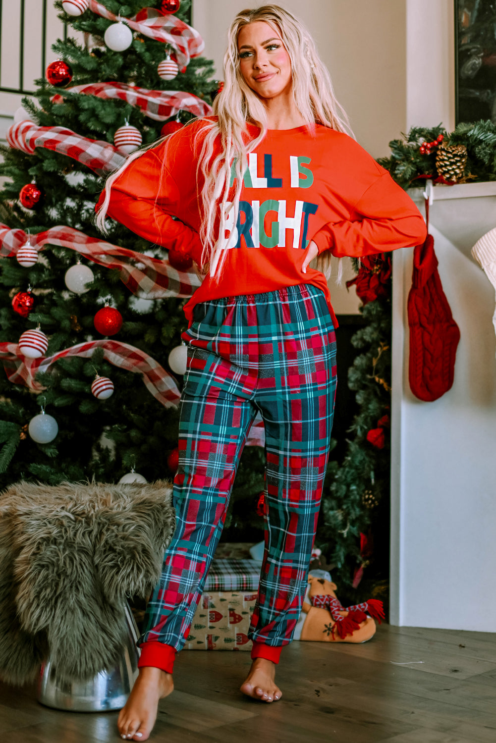 ALL IS BRIGHT Plaid Christmas Pajamas Set