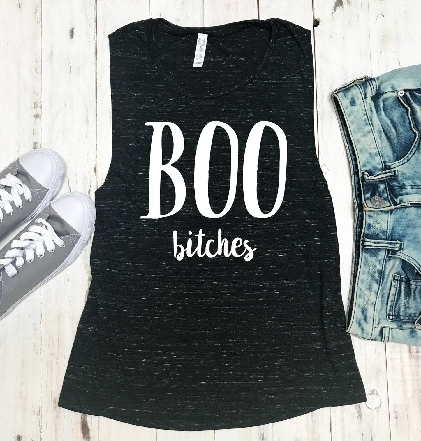 BOO B*tches Halloween Black Marble Muscle Tank Top