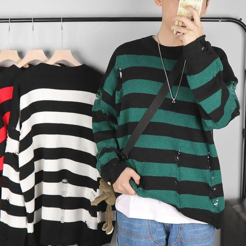 Black Stripe Ripped Knitted Sweater