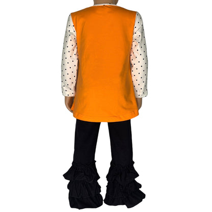 Girls Orange Pumpkin Top & Black Ruffle Pants