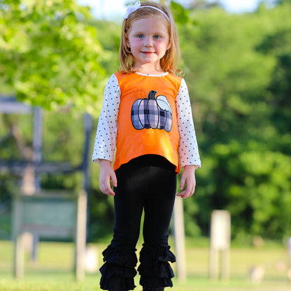 Girls Orange Pumpkin Top & Black Ruffle Pants