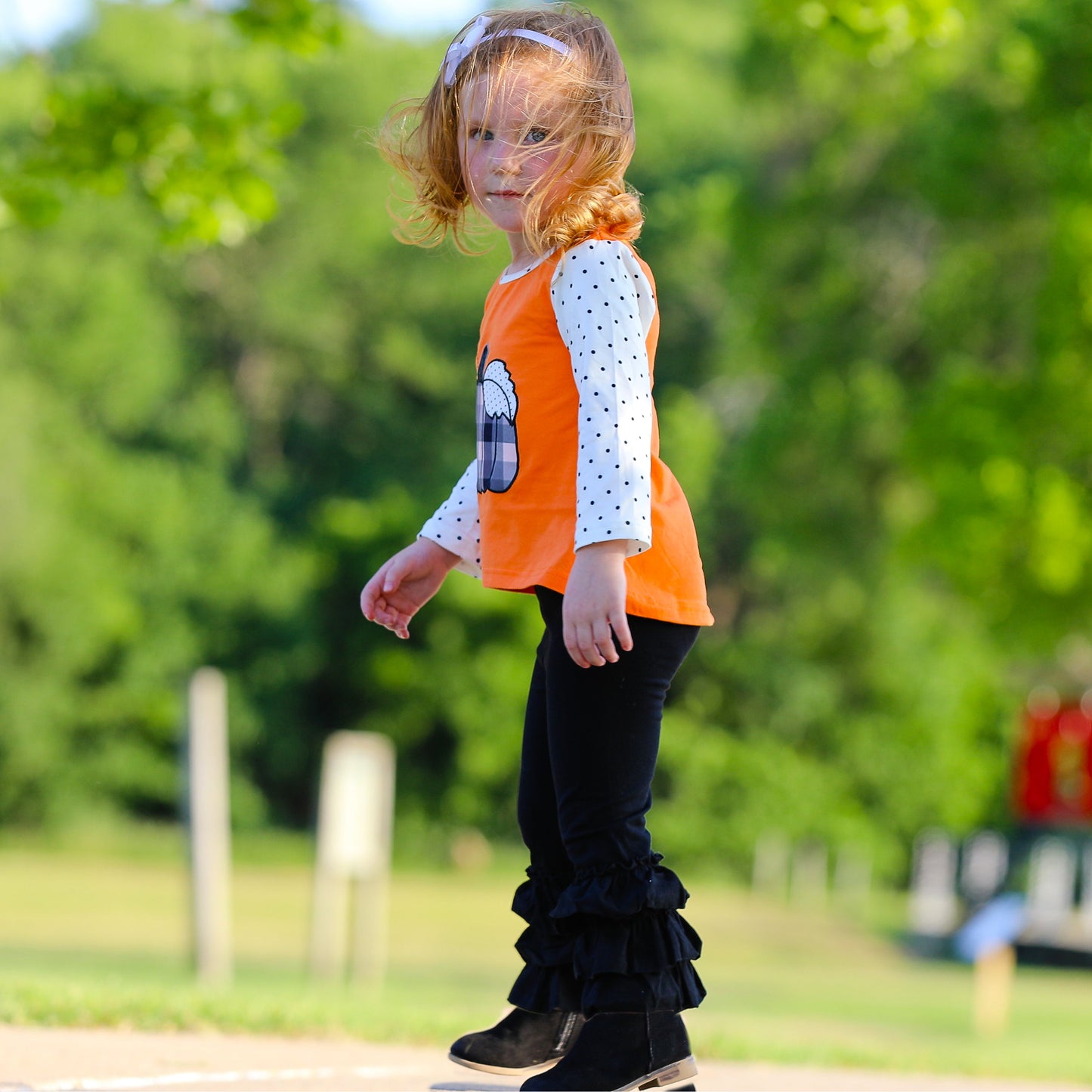 Girls Orange Pumpkin Top & Black Ruffle Pants