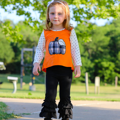 Girls Orange Pumpkin Top & Black Ruffle Pants