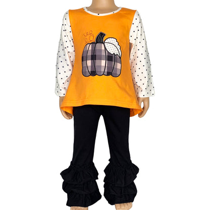 Girls Orange Pumpkin Top & Black Ruffle Pants