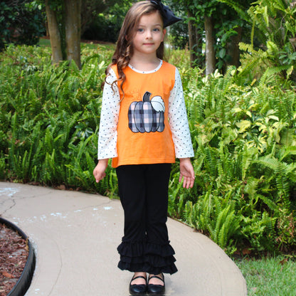 Girls Orange Pumpkin Top & Black Ruffle Pants