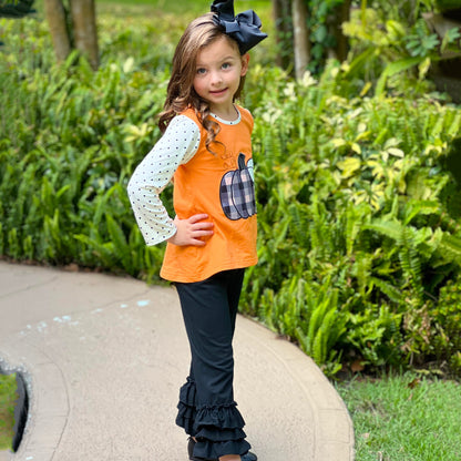 Girls Orange Pumpkin Top & Black Ruffle Pants