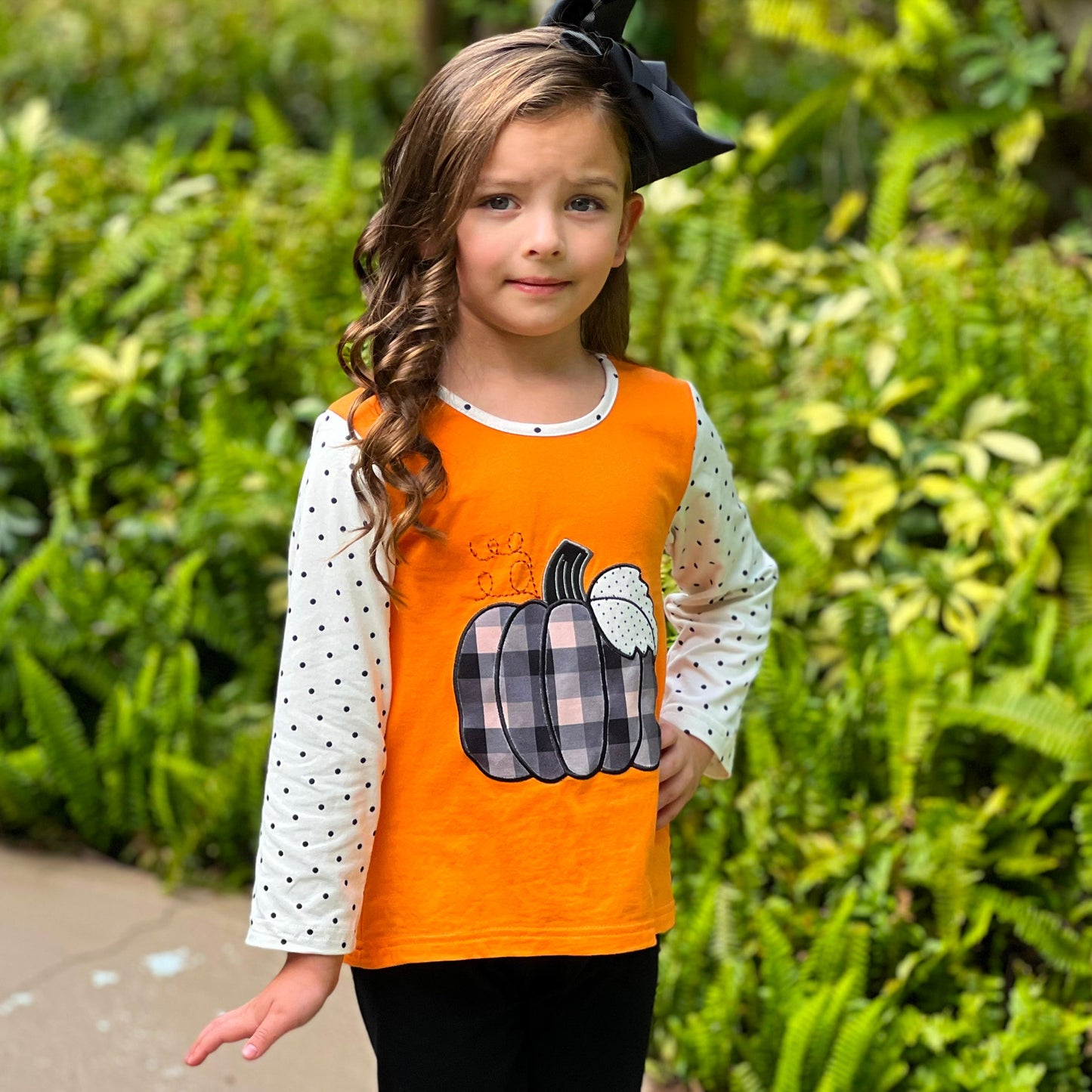 Girls Orange Pumpkin Top & Black Ruffle Pants