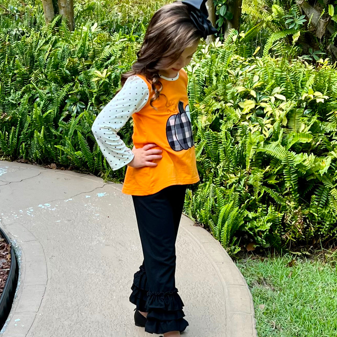 Girls Orange Pumpkin Top & Black Ruffle Pants