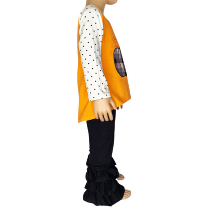 Girls Orange Pumpkin Top & Black Ruffle Pants