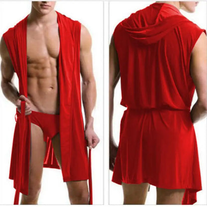 Men's robes comfortable casual bathrobes sleeveless Viscose Hooded Ice