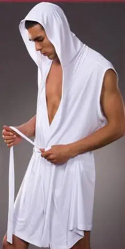 Men's robes comfortable casual bathrobes sleeveless Viscose Hooded Ice