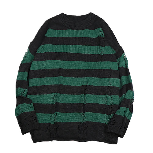 Black Stripe Ripped Knitted Sweater