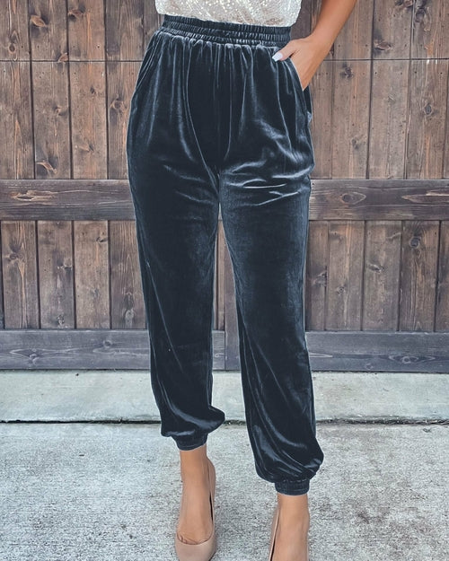 Velvet Elastic Waist Straight Leg Pants Casual Trousers