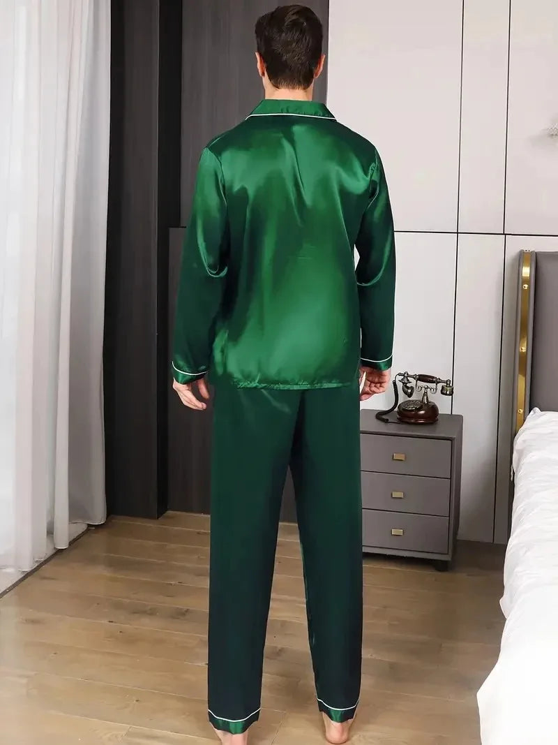 Men Pajamas Set Silk Satin Nightwear