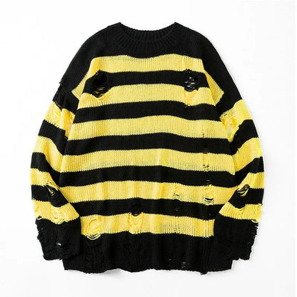 Black Stripe Ripped Knitted Sweater