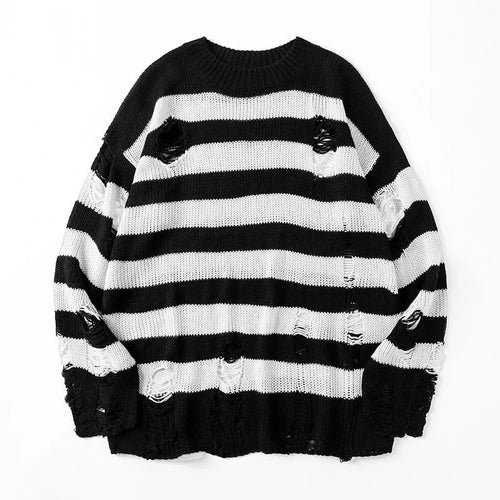 Black Stripe Ripped Knitted Sweater