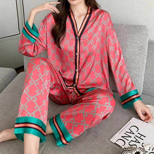 Ladies Pajamas Spring Autumn Faux Silk Pajama Sets