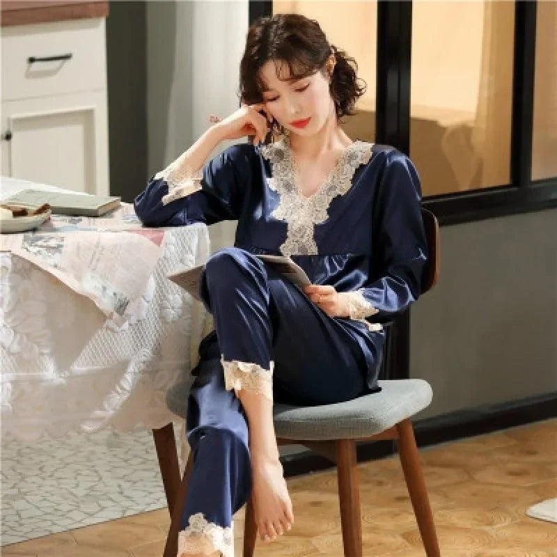 Ice Silk Pajamas Women Long Sleeve