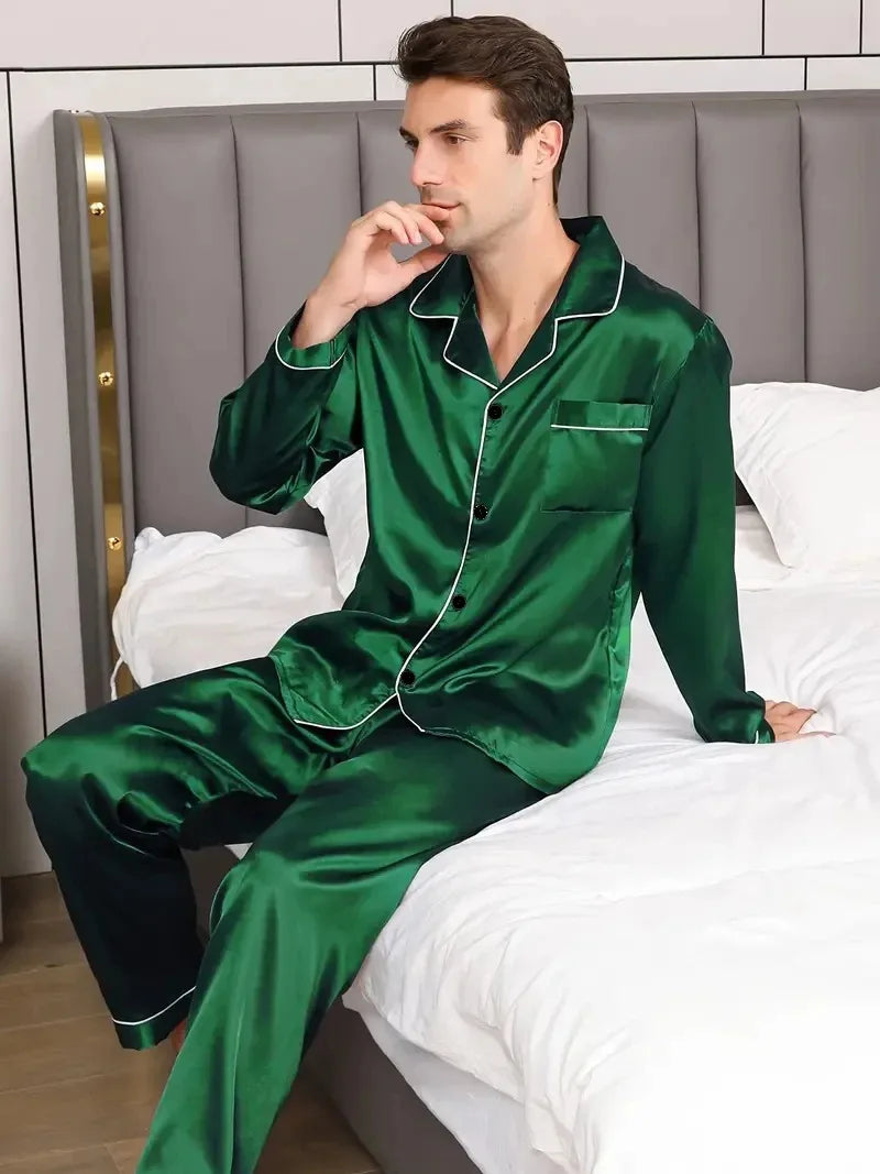 Men Pajamas Set Silk Satin Nightwear
