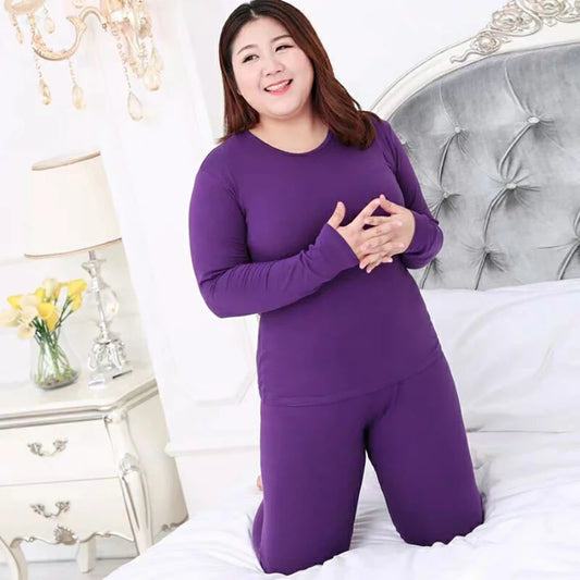 Plus Size Thermal Set Women Long Johns Set Solid Warm Thermal