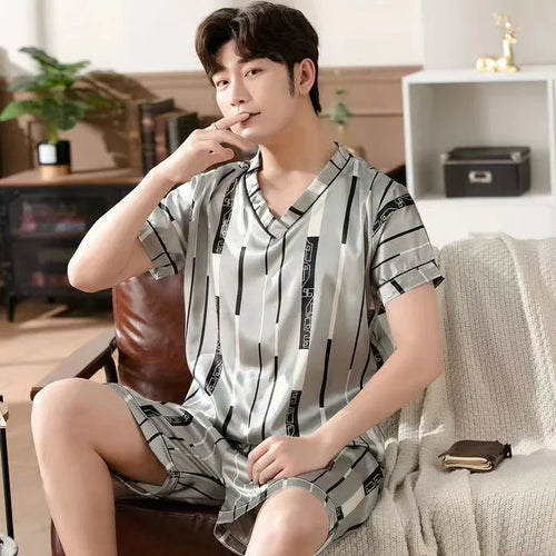 Summer Men's Pajamas Silk Pullover Shorts Two Piece Set