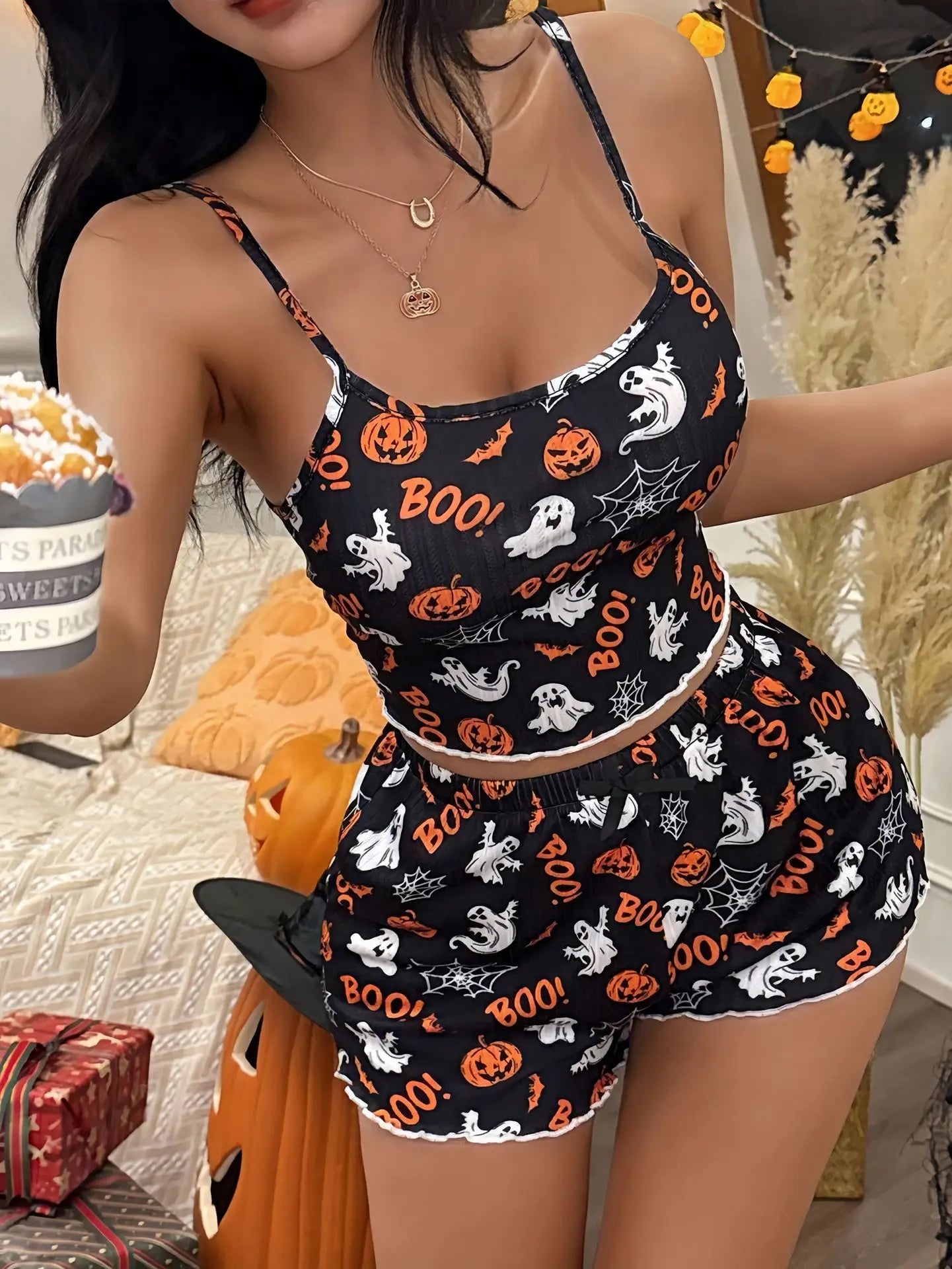 Pumpkin Print Two Piece Sleepwear