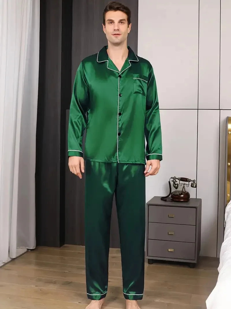 Men Pajamas Set Silk Satin Nightwear