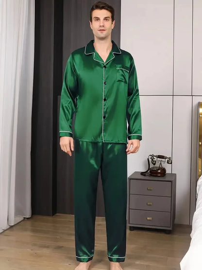Men Pajamas Set Silk Satin Nightwear
